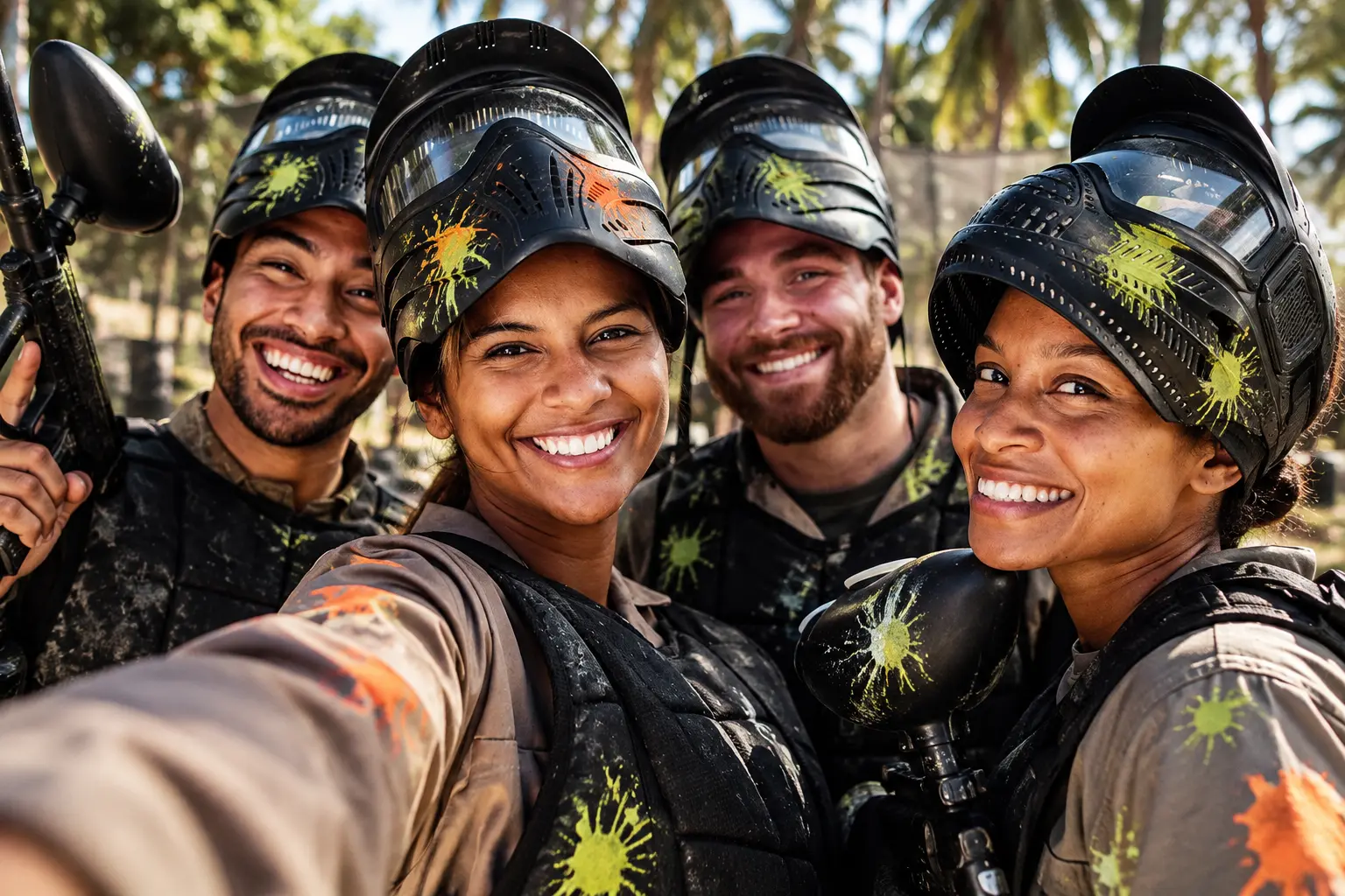 Grupo de amigos disfrutando una experiencia de paintball en Villahermosa, Tabasco
