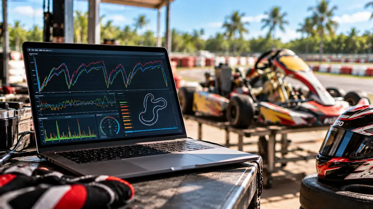 Análisis de datos de karting en una laptop junto a la pista