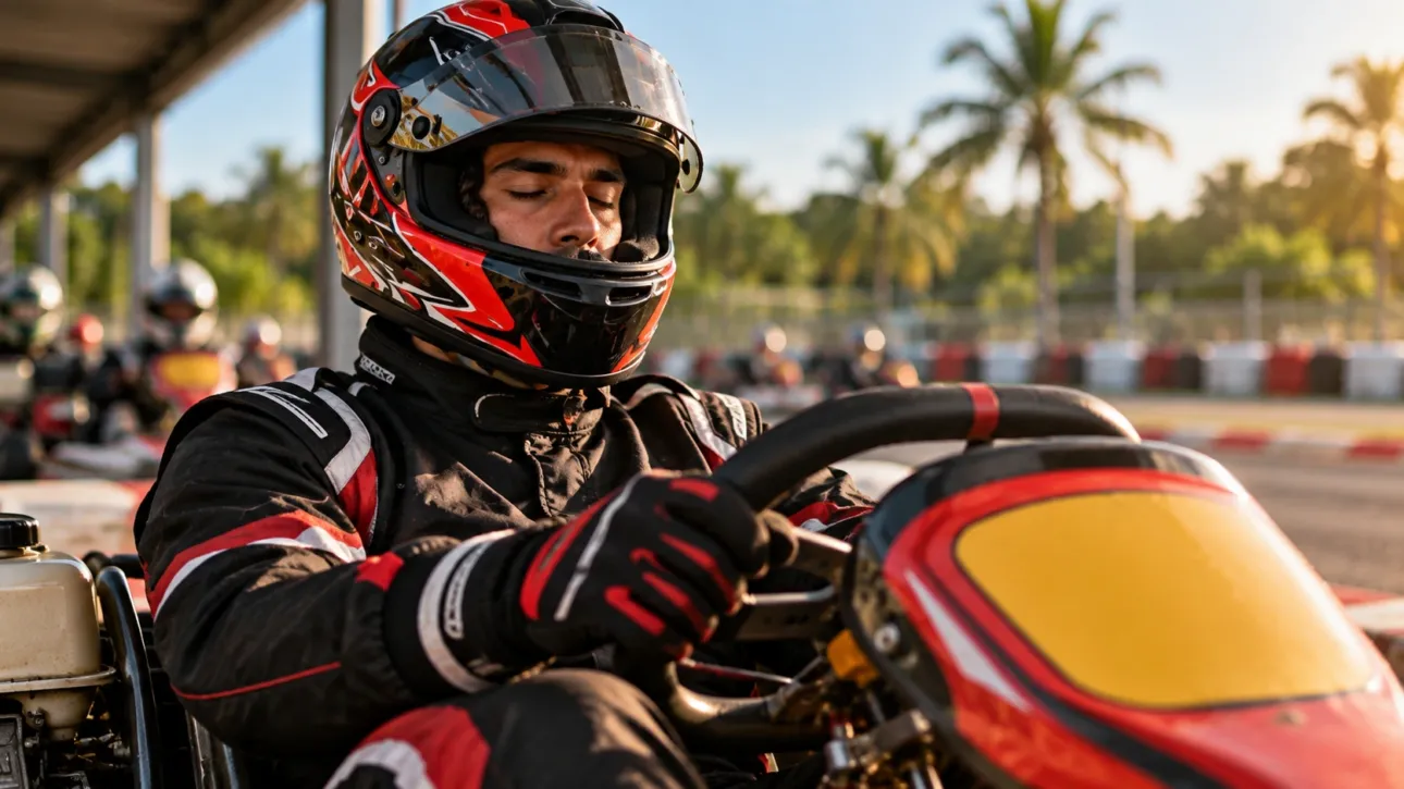 Piloto de kart concentrándose y visualizando la pista antes de su tanda