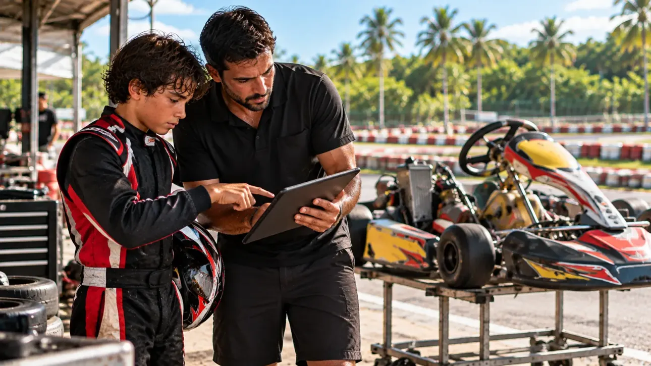 Piloto y mecánico revisando datos para bajar tiempos en kart