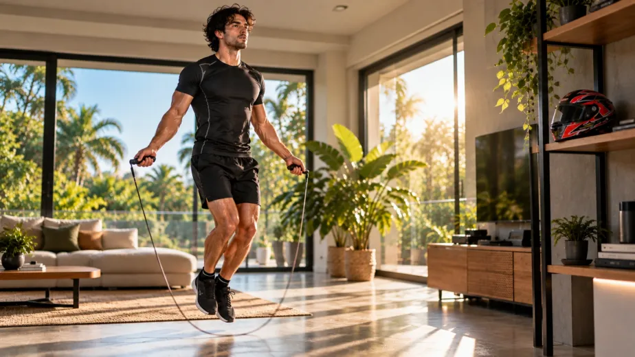 Persona saltando la cuerda como parte de sus ejercicios para karting en casa