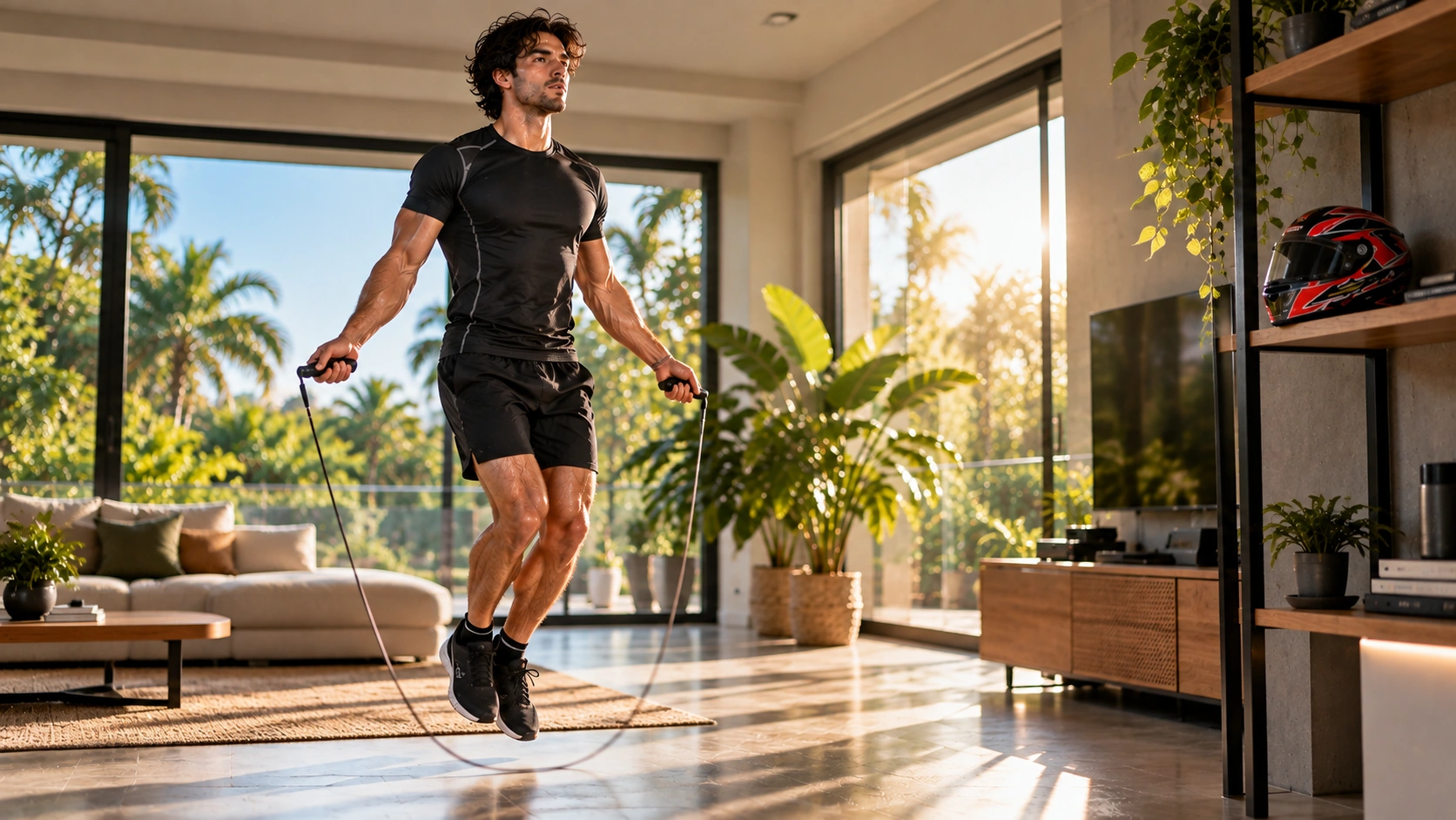 Persona saltando la cuerda como parte de sus ejercicios para karting en casa
