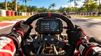 Tablero digital en el volante de un kart que registra la telemetría en karting
