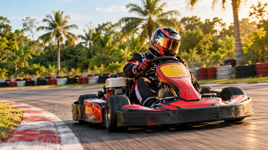 Alt: Piloto de kart tomando una curva durante su entrenamiento para karting en Villahermosa
